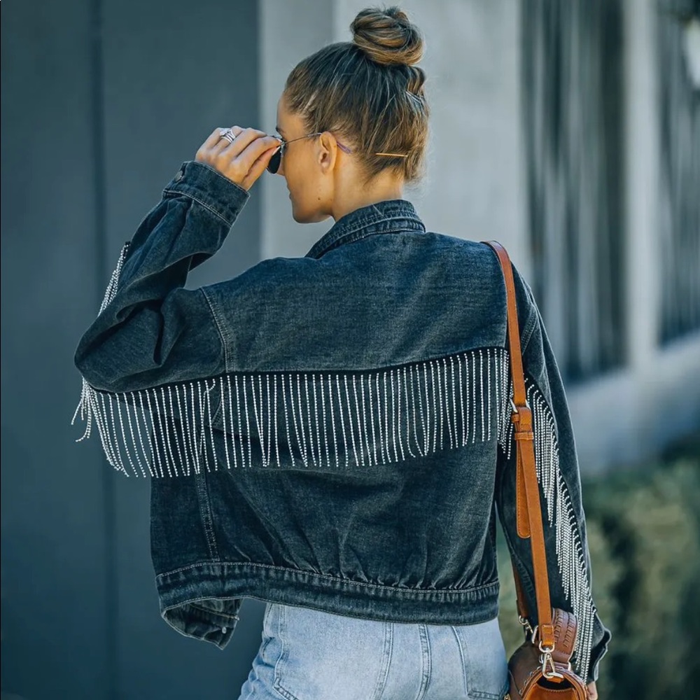 🚨LAST SMALL EVER🚨Last Call Rhinestone Fringe Denim Jacket - Picture 12 of 16